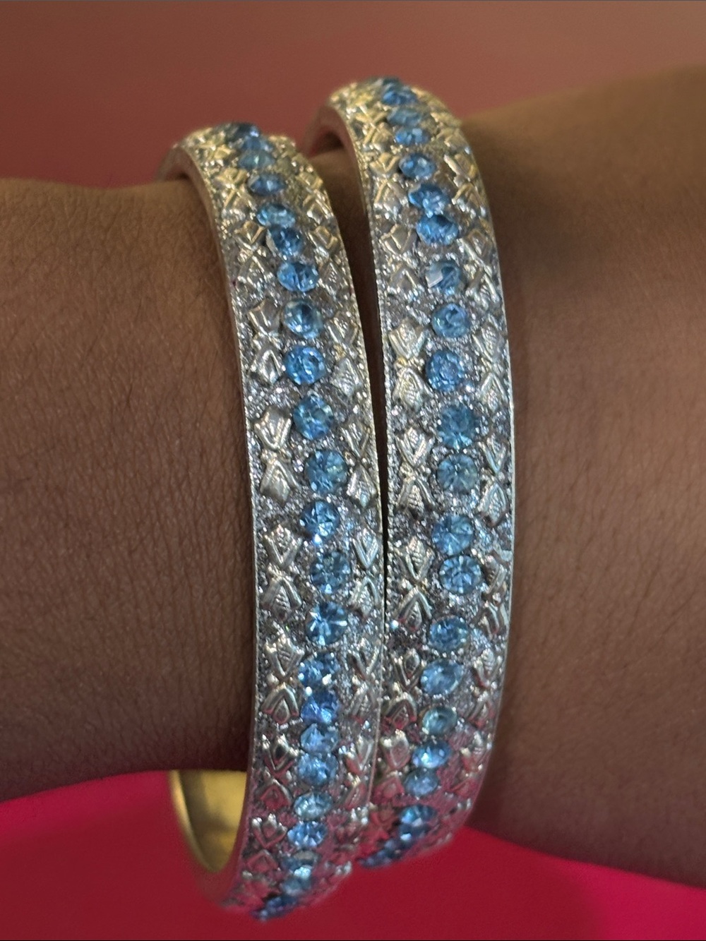 Silver Tone Blue Crystal Bangle Bracelets
